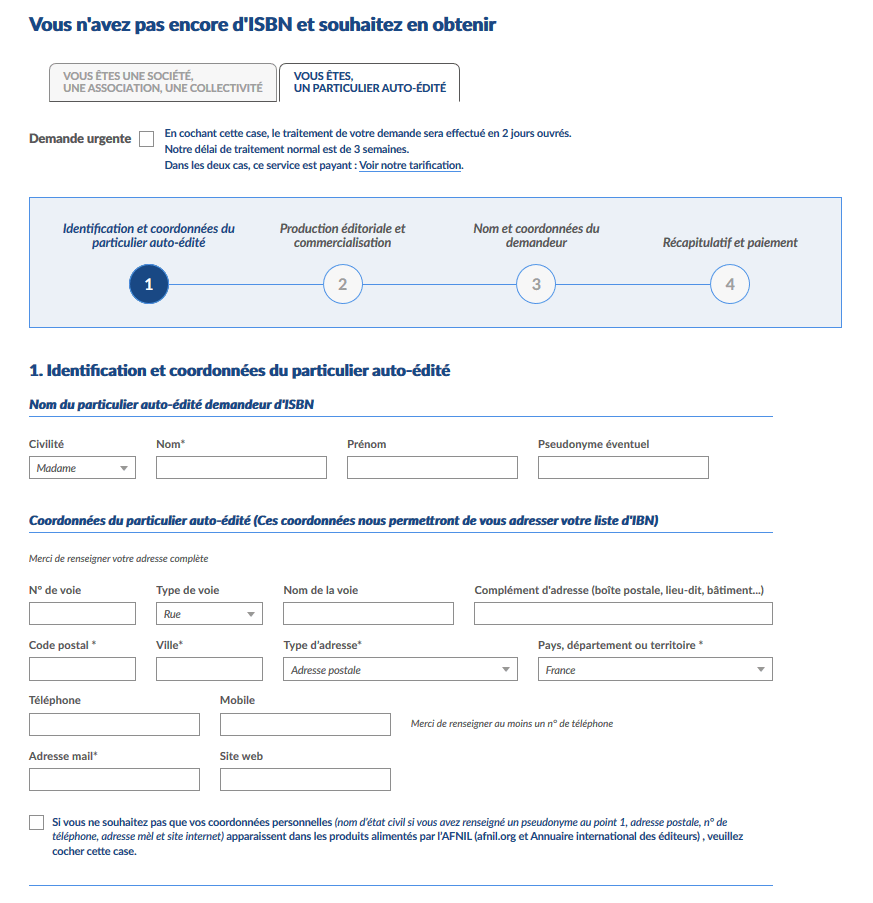 Auto-édition pour un auteur et ISBN - Page 2 de demande de numéros ISBN